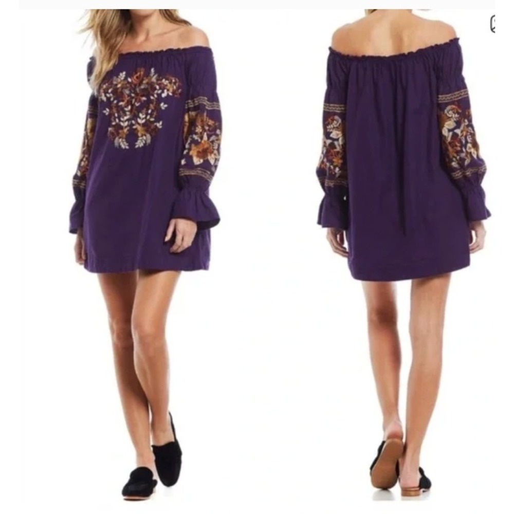 Free People Purple Fleur Du Jour Embroidered Mini Shift Cotton dress Top XS